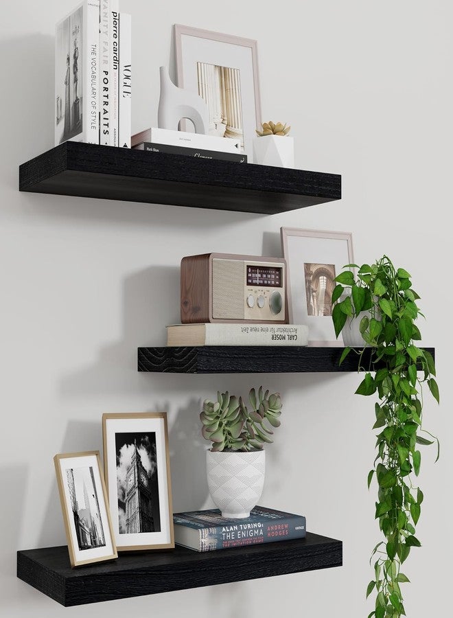 Marsmiles Wood Floating Shelves for Wall Set of 3, 17 Inch Wide Rustic Wooden Floating Shelves, Invisible Wall Mounted Display for Living Room Bedroom Kitchen Bathroom Office, Black - Image 1